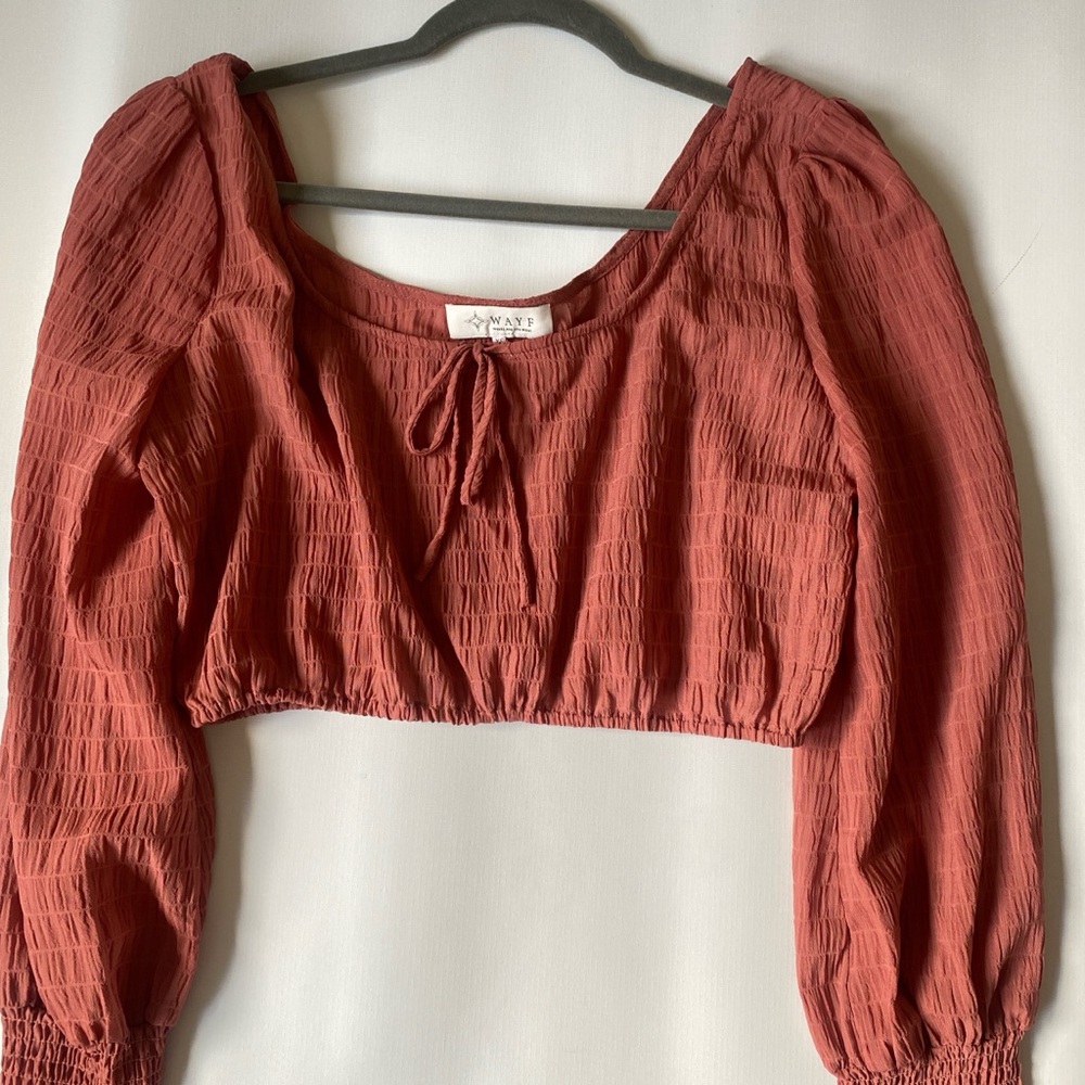 Wayf Rust Cropped Peasant Top with Puff Sleeves new